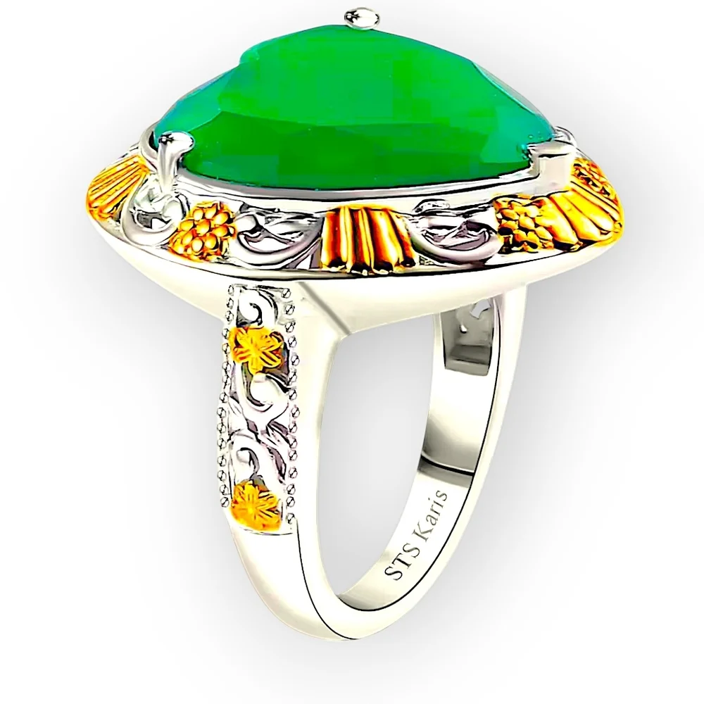 18K Yellow Gold & Platinum Bond Green Onyx 5.65 ctw Heart Ring